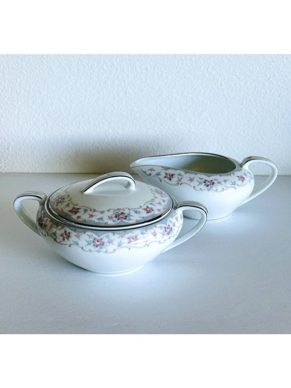 Noritake Bloomfield 6042 Creamer and Sugar Bowl Set Floral Pink Roses